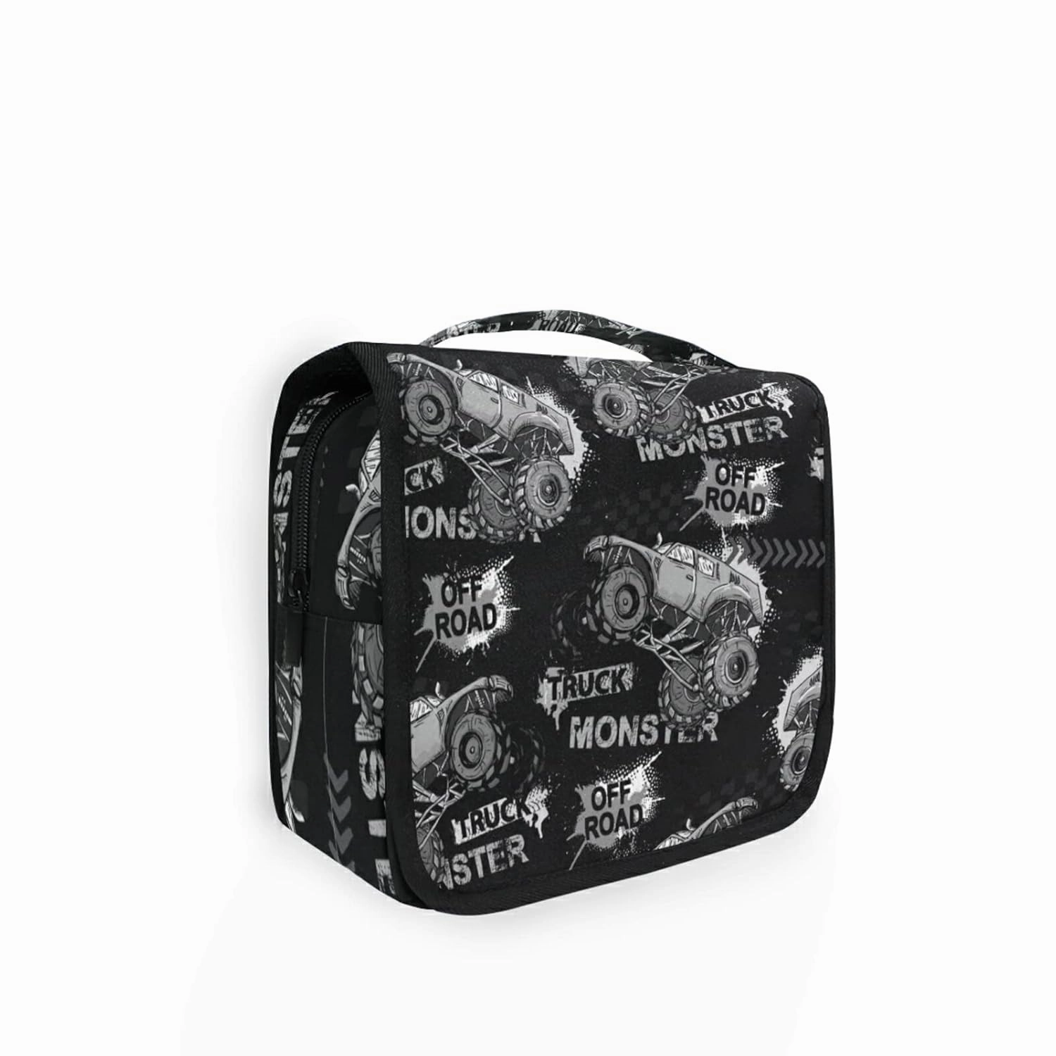 Dark Grey Truck Car, Trace of Tire, Drive and Speed on Black Dark Travel Cosmetic Bag, Hanging Toiletry Wash bag, Portable Makeup Organizer Brush Case, Storage Bag with Hook for Bathroom Toilet