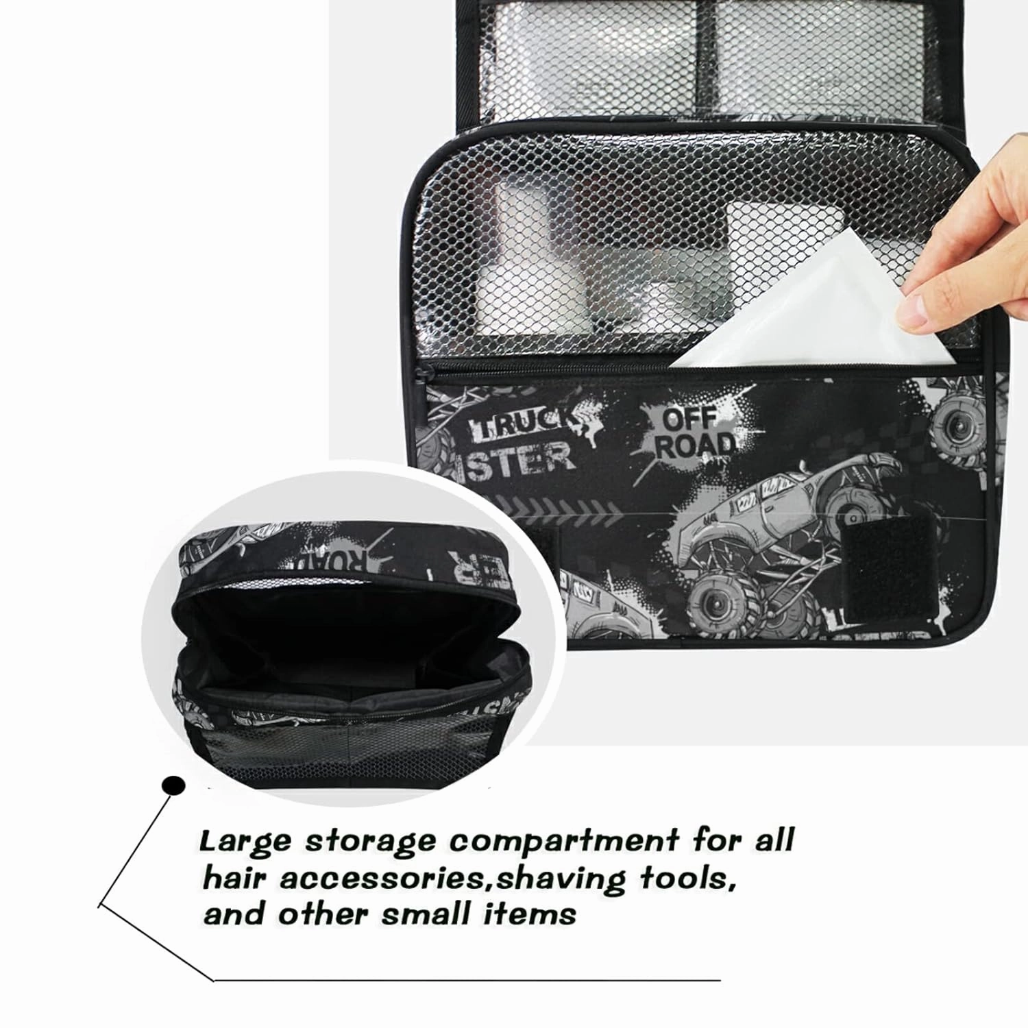 Dark Grey Truck Car, Trace of Tire, Drive and Speed on Black Dark Travel Cosmetic Bag, Hanging Toiletry Wash bag, Portable Makeup Organizer Brush Case, Storage Bag with Hook for Bathroom Toilet