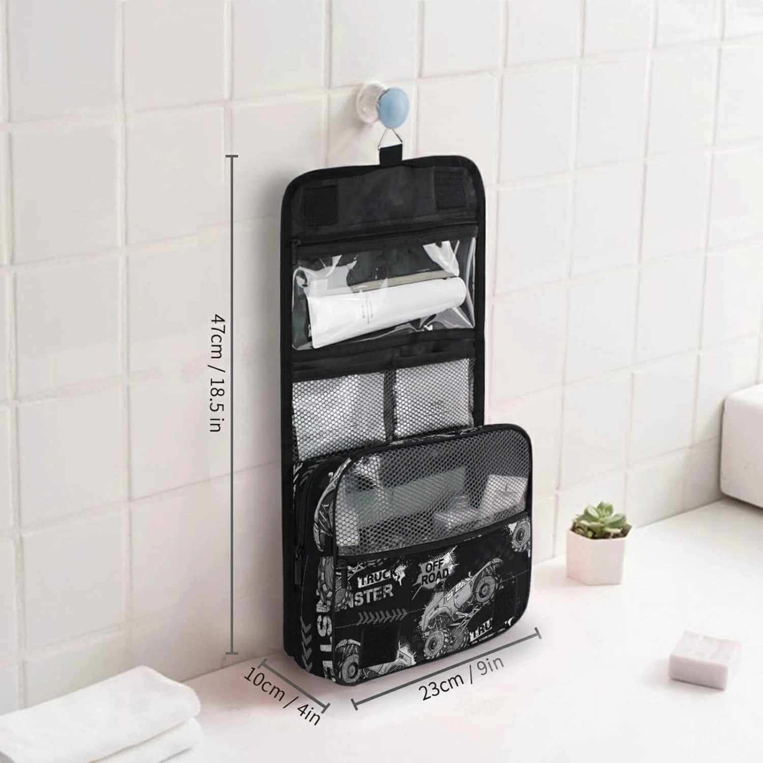 Dark Grey Truck Car, Trace of Tire, Drive and Speed on Black Dark Travel Cosmetic Bag, Hanging Toiletry Wash bag, Portable Makeup Organizer Brush Case, Storage Bag with Hook for Bathroom Toilet