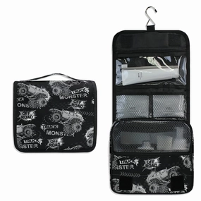 Dark Grey Truck Car, Trace of Tire, Drive and Speed on Black Dark Travel Cosmetic Bag, Hanging Toiletry Wash bag, Portable Makeup Organizer Brush Case, Storage Bag with Hook for Bathroom Toilet