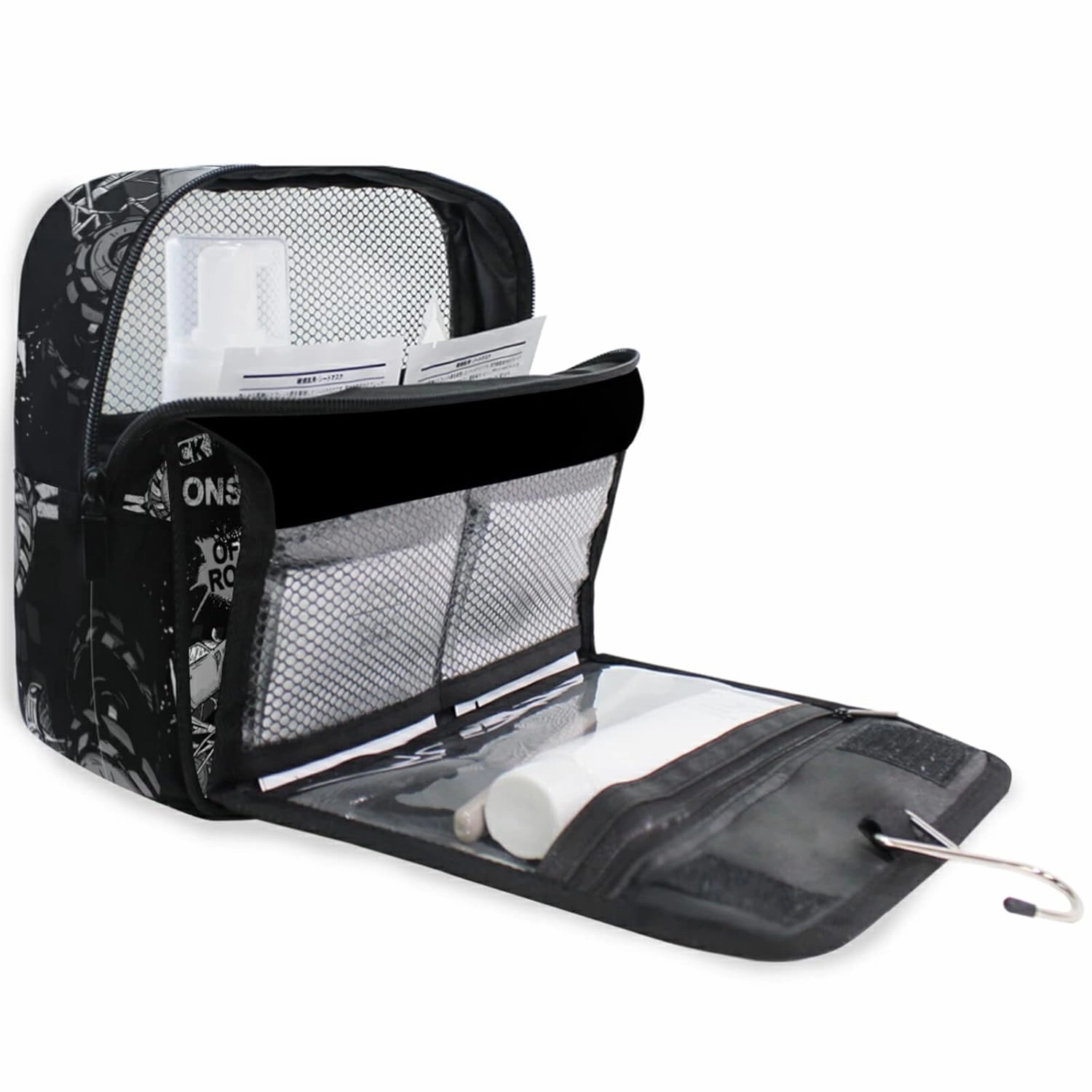 Dark Grey Truck Car, Trace of Tire, Drive and Speed on Black Dark Travel Cosmetic Bag, Hanging Toiletry Wash bag, Portable Makeup Organizer Brush Case, Storage Bag with Hook for Bathroom Toilet