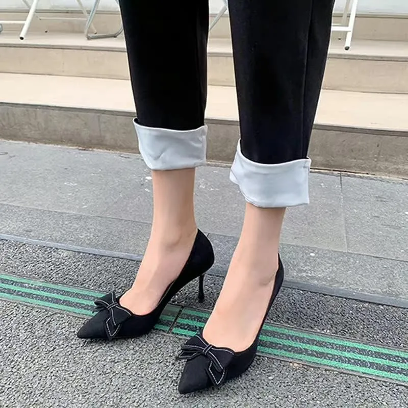 Dear Time Women's Formal Thin Heeled Slip-on Pumps Black Work Shoes,Breathable Sexy Low Heels with Simple Bowknot
