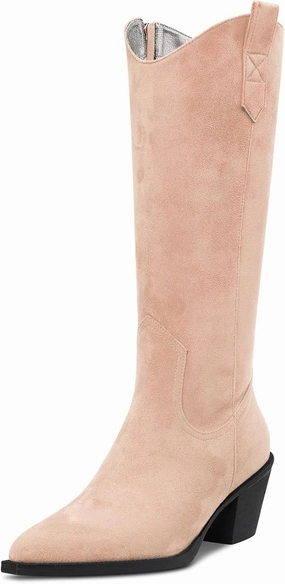 DearOnly Womens Western Cowboy Cowgirl Boots Mid Calf Pull-Up Closed Pointed Toe Block Chunky Heel Zipper Suede Dress Shoes Classic 2.5 Inch