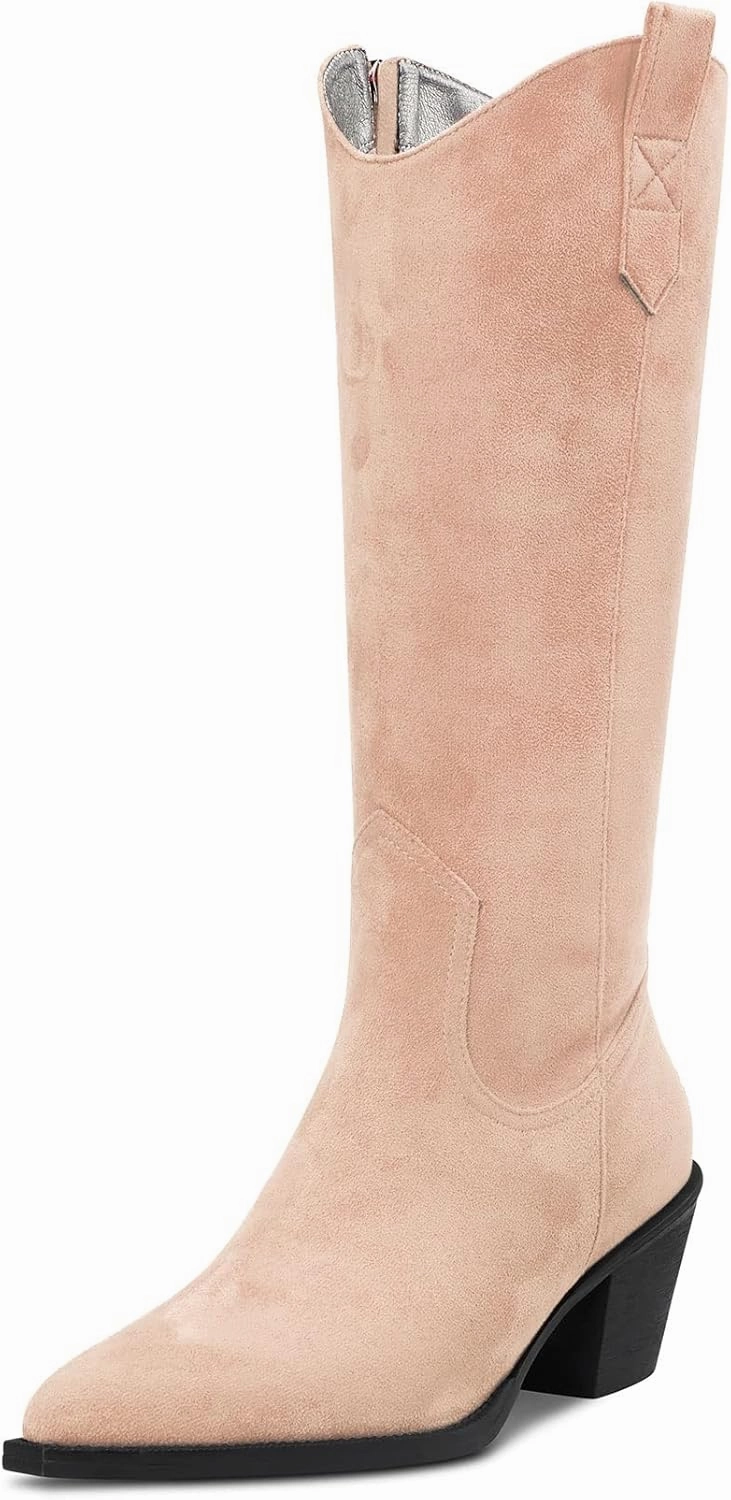 DearOnly Womens Western Cowboy Cowgirl Boots Mid Calf Pull-Up Closed Pointed Toe Block Chunky Heel Zipper Suede Dress Shoes Classic 2.5 Inch