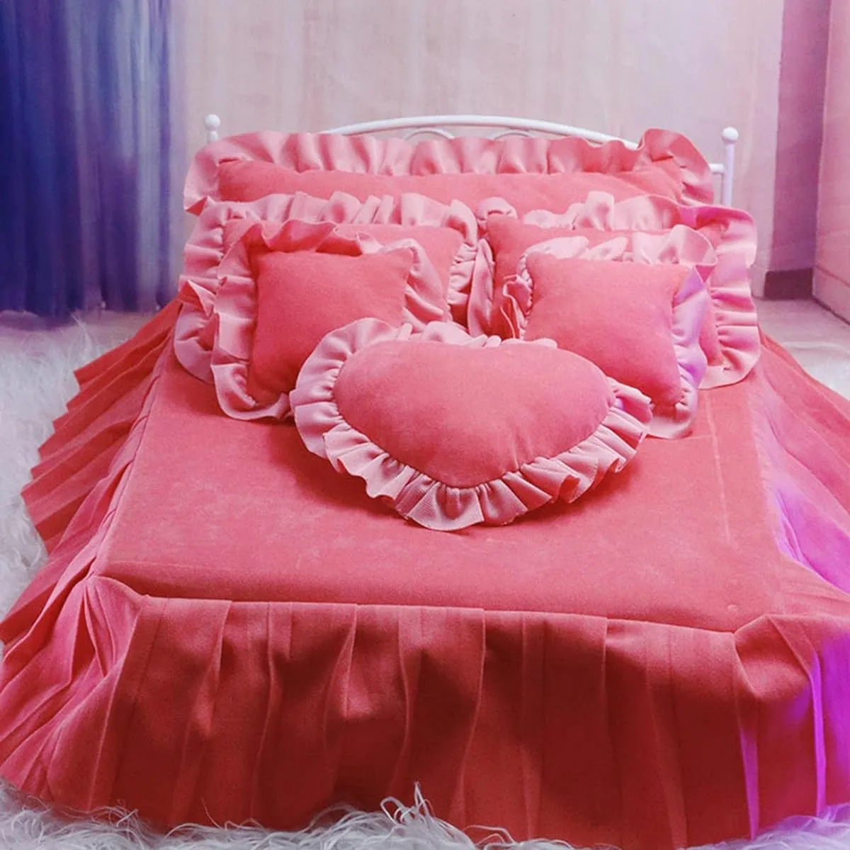 DeeRace 1/6 Dollhouse Furniture Miniature Bed Double Bed Miniature Furniture Doll Furniture Dolls House Decoration Scene Accessories - Pink