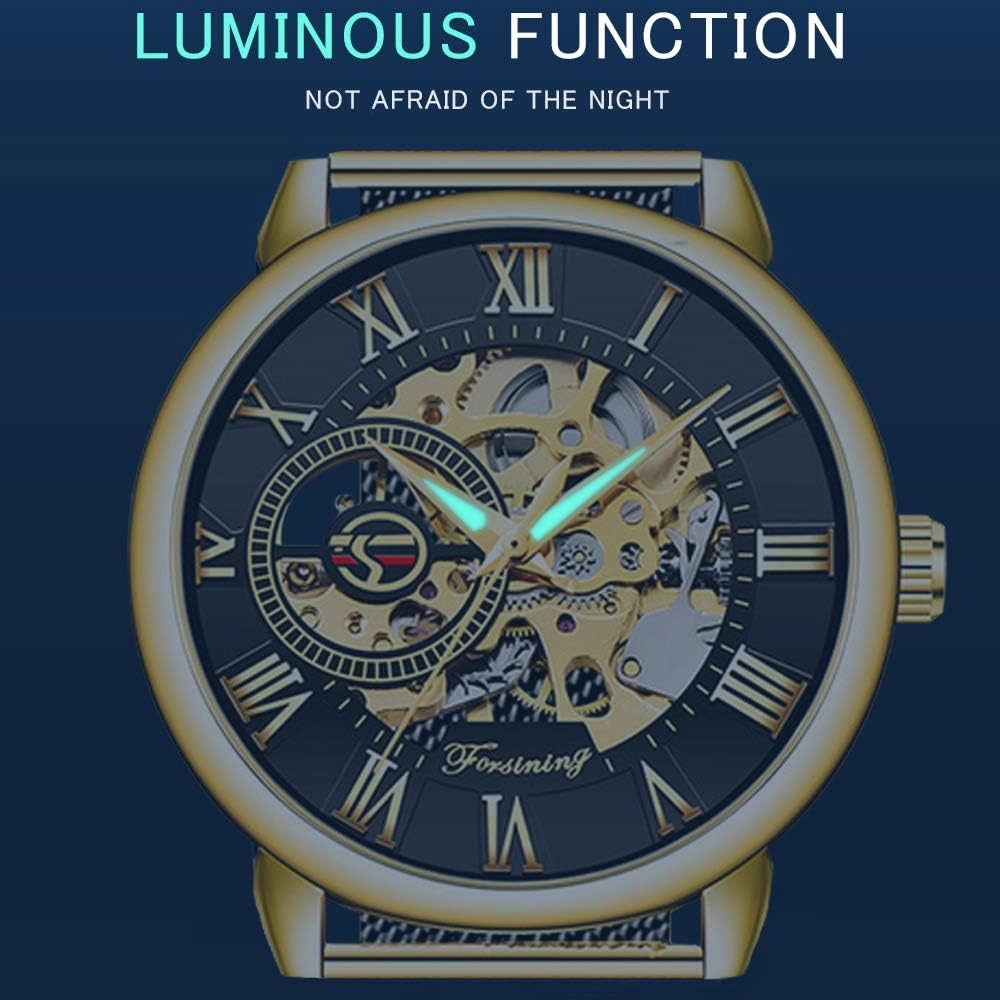 Dentily Men's Skeleton Watch Classic Roman Numeral Steampunk Mechanical Watch Hand-Wind Mens Watches (Blue)