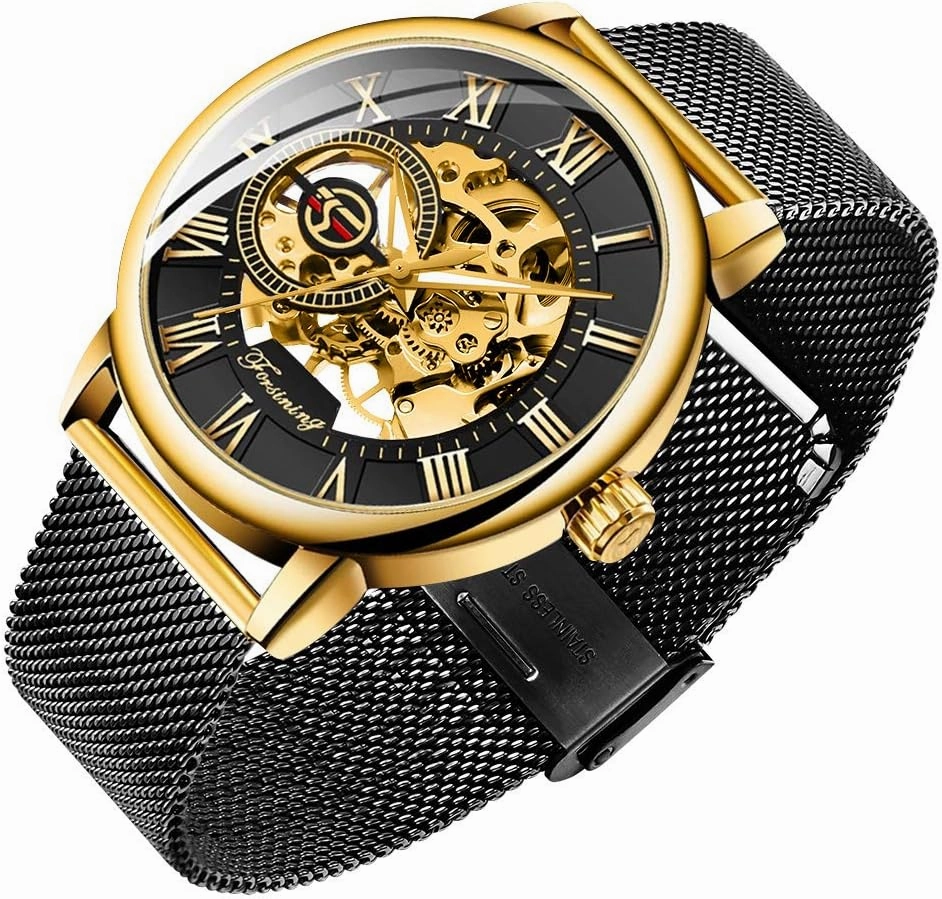 Dentily Men's Skeleton Watch Classic Roman Numeral Steampunk Mechanical Watch Hand-Wind Mens Watches (Blue)