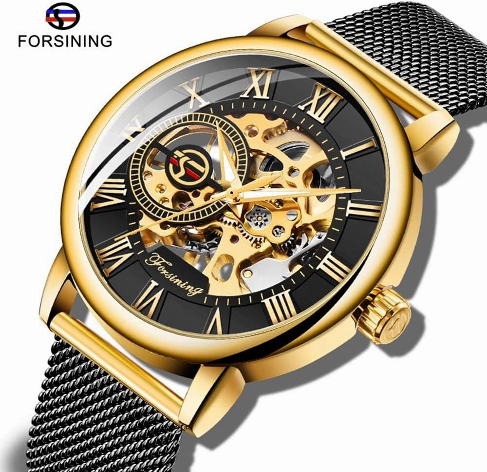 Dentily Men's Skeleton Watch Classic Roman Numeral Steampunk Mechanical Watch Hand-Wind Mens Watches (Blue)