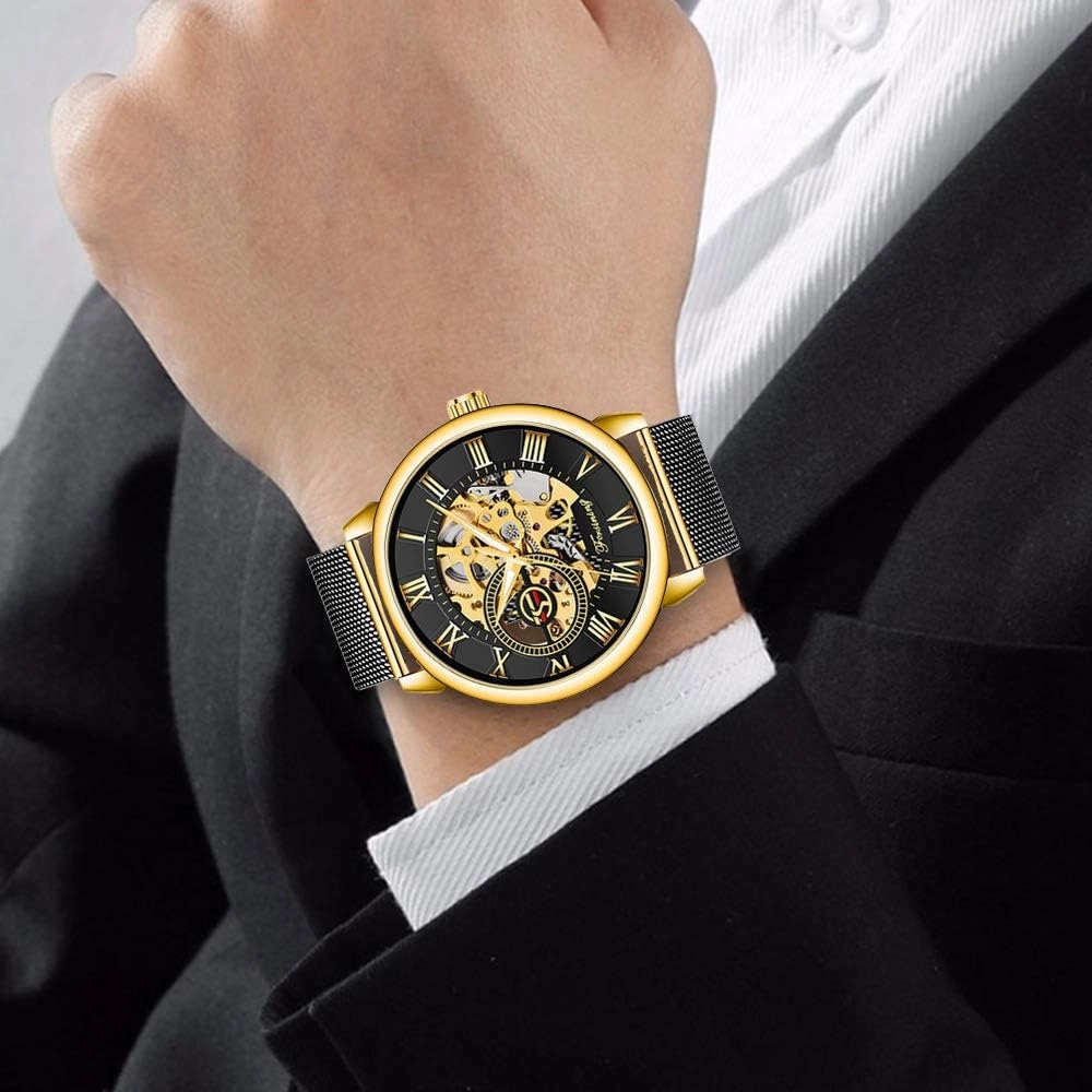 Dentily Men's Skeleton Watch Classic Roman Numeral Steampunk Mechanical Watch Hand-Wind Mens Watches (Blue)