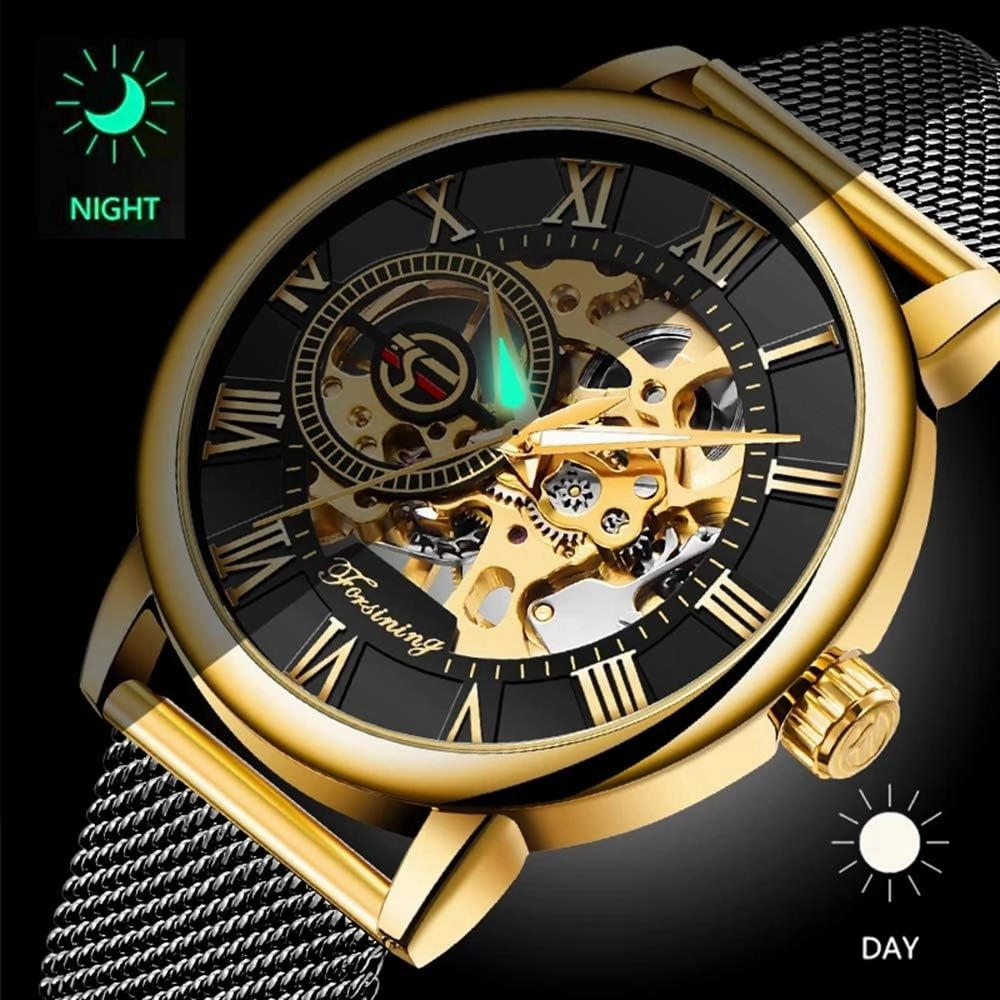 Dentily Men's Skeleton Watch Classic Roman Numeral Steampunk Mechanical Watch Hand-Wind Mens Watches (Blue)