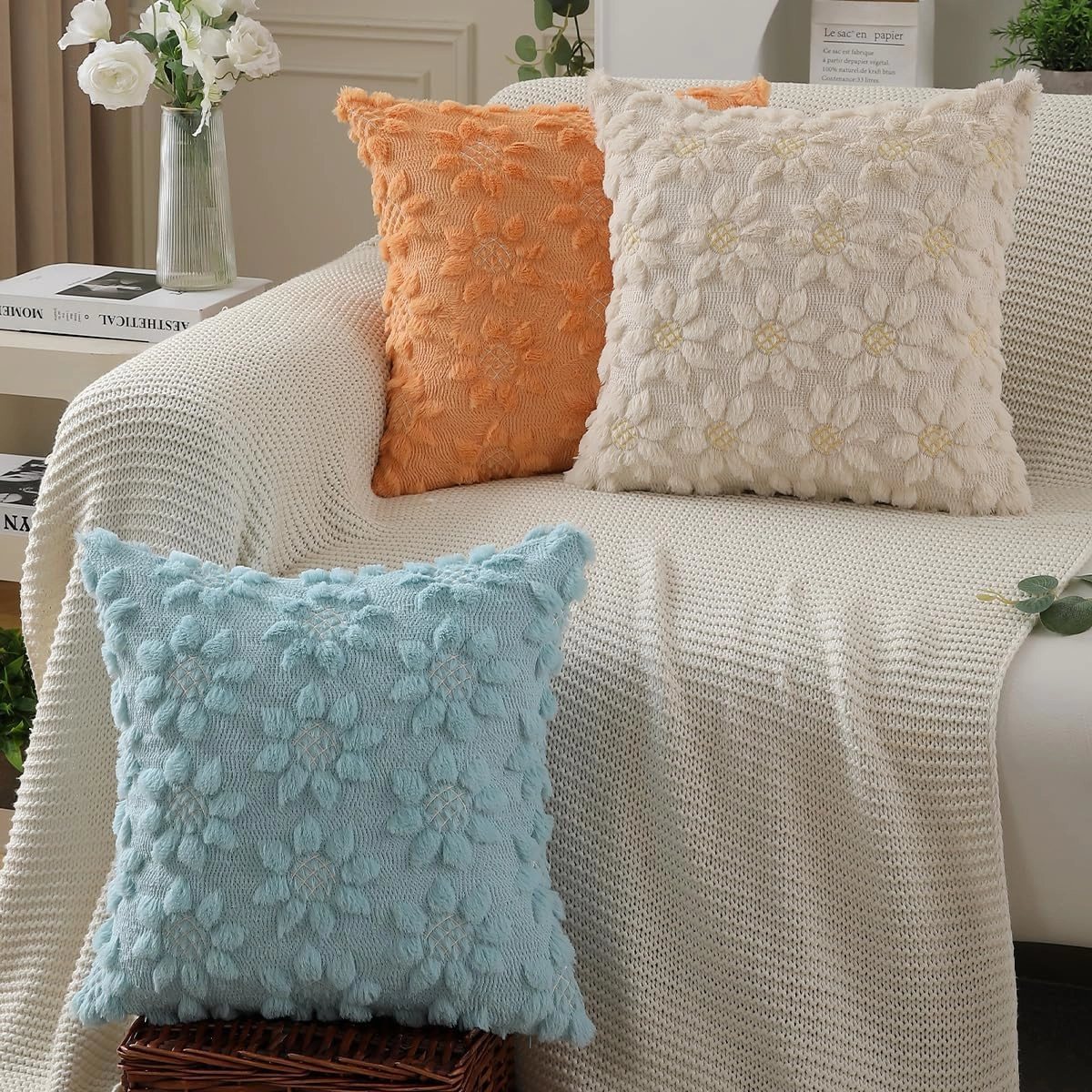 DFXSZ Spring Summer Pillow Covers 18x18 inch Set of 2 Farmhouse Decor Yellow Flower Heart Sunflower Beige Soft Plush Faux Fur Jacquard Throw Pillows for Sofa Holiday Spring Home Decor PTK024E18
