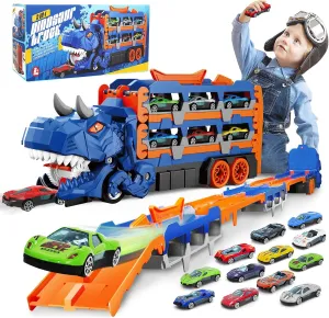 Dinosaur Race Track Toys for Kids 3-12, Transport Truck Toy with 12 Race Cars, Transforming Dino Truck Set with 61.8 inch Dual-Way Foldable Tracks, Toddler Gift Toys for Boys & Girls