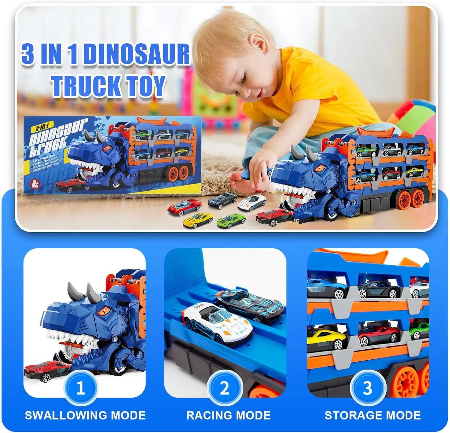 Dinosaur Race Track Toys for Kids 3-12, Transport Truck Toy with 12 Race Cars, Transforming Dino Truck Set with 61.8 inch Dual-Way Foldable Tracks, Toddler Gift Toys for Boys & Girls