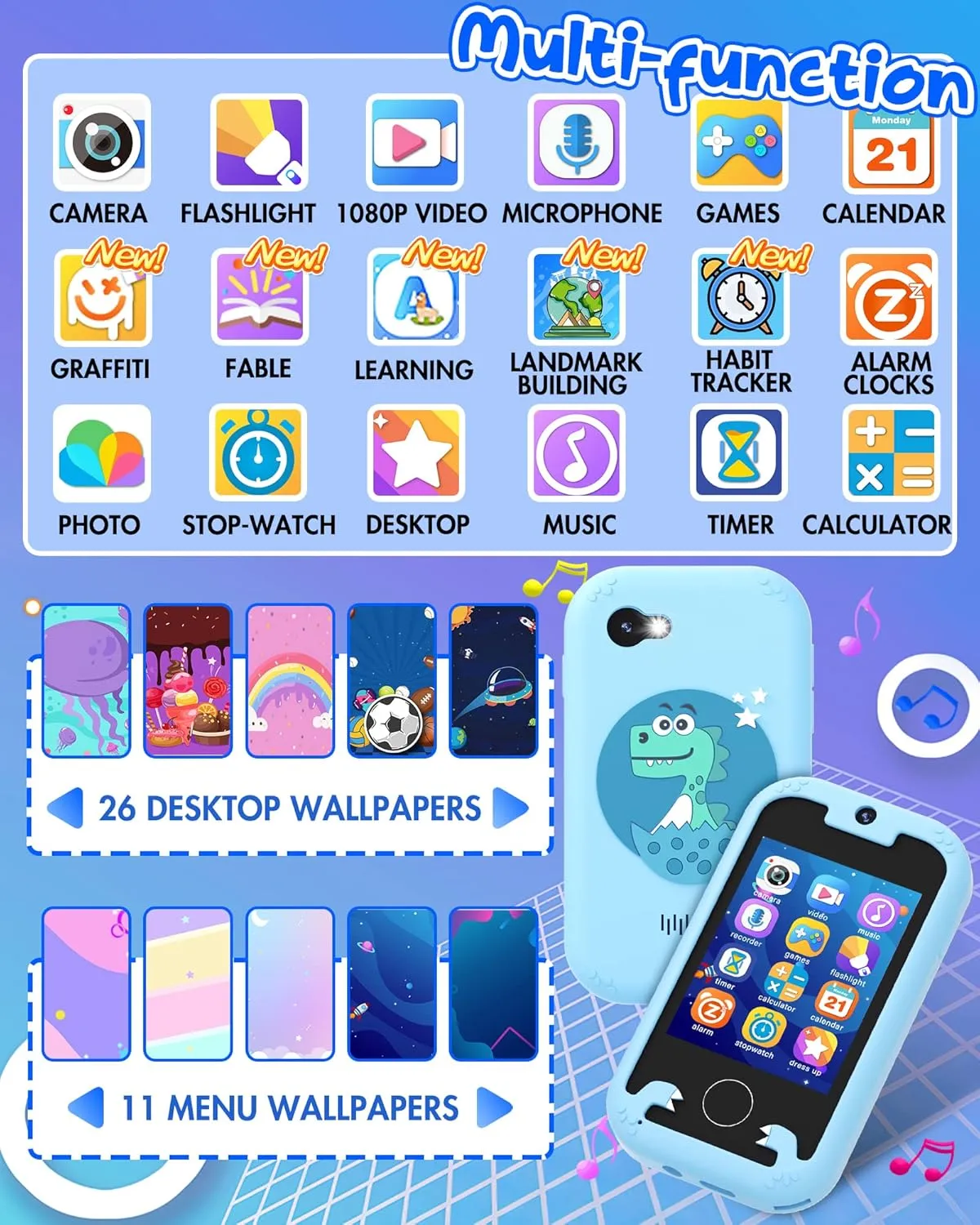 Dinosaur Toys Kids Smart Phone for Girls Age 6-8, Birthday Gifts for 3-8 Year Olds with 8GB Memory Card