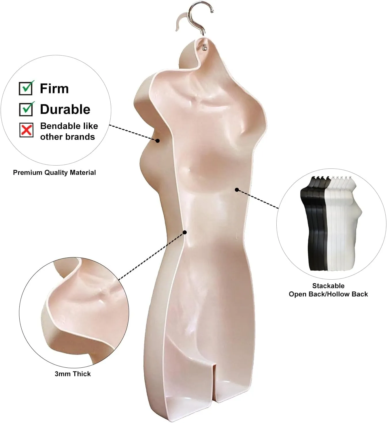DisplayTown Female Mannequin Hip Long Torso Hollow Back Body Stackable Dress Form with Hanging Hook for Tshirt Display, Countertop, Craft Show, Photos and Design, S-M Clothing Size (Flesh, Set of 1)