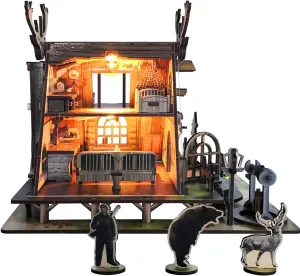 DIY Miniature House Kits for Adults - Tiny Dollhouse Mini Building House with LED for Teens, Exquite Home Decorative 3D Wooden Puzzle for Boys, Girls, Ideal Gift for Halloween Xmas
