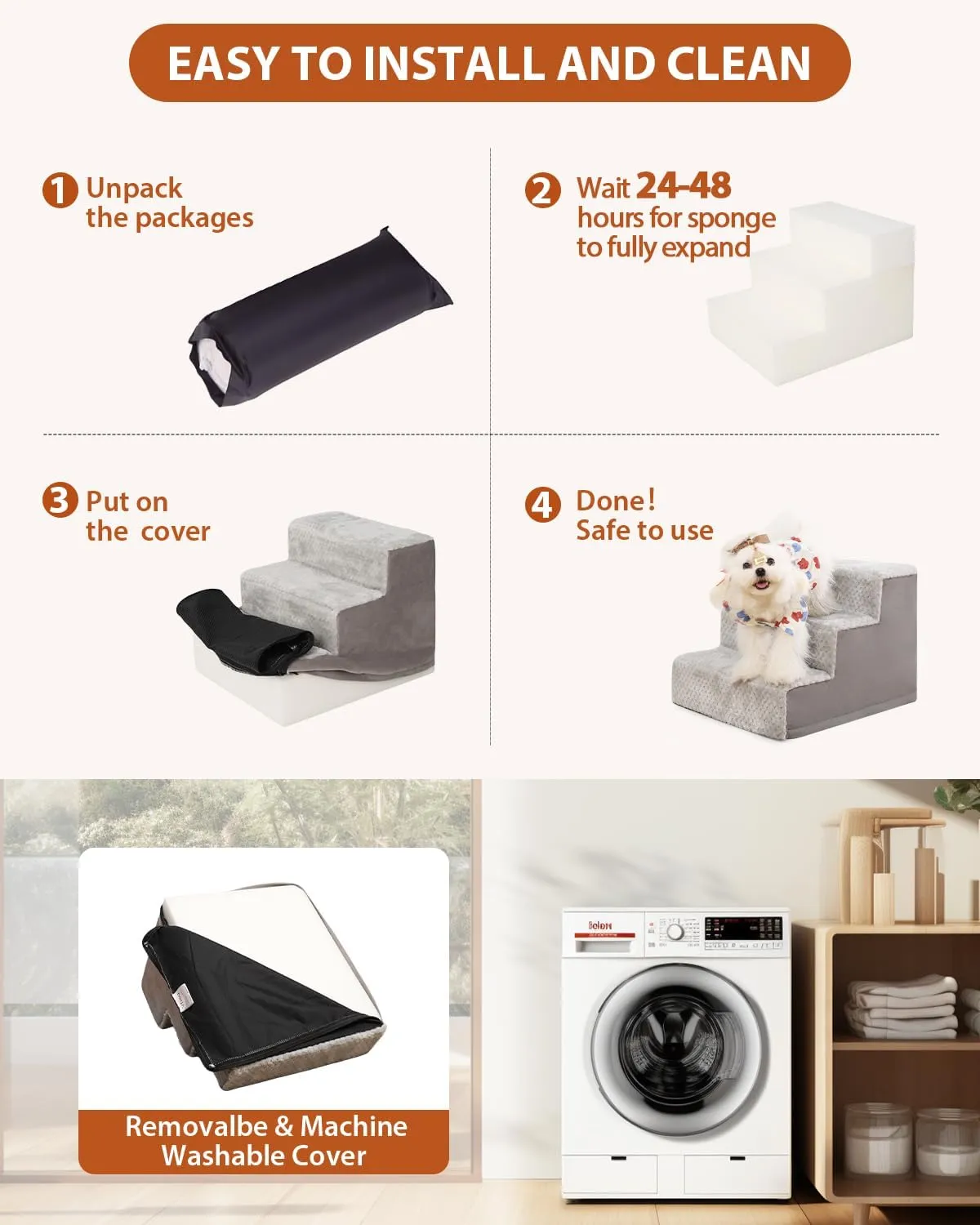 Dog Stairs for Small Dogs,17.5" H,4-Step Dog Steps for High Bed Couch and Sofa,Pet Stairs for Dogs and Cats Climbing with Non-Slip Bottom and Washable Cover,Light Grey