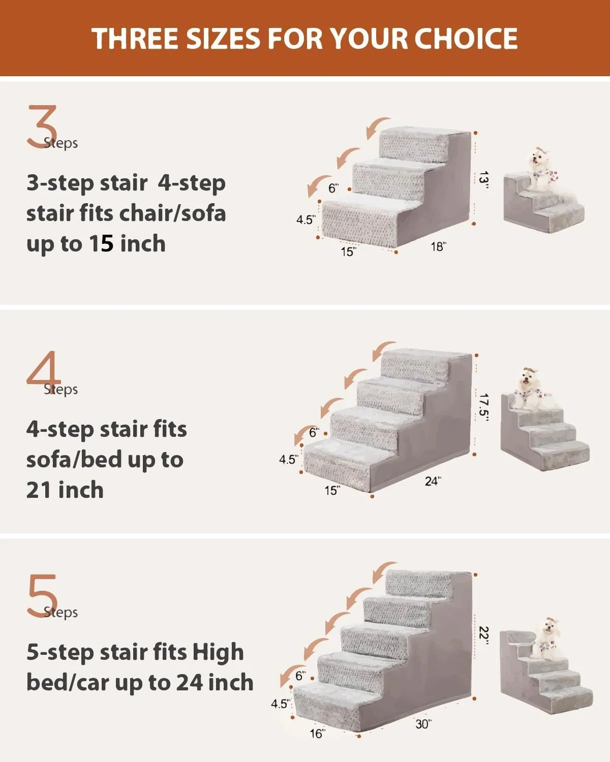 Dog Stairs for Small Dogs,17.5" H,4-Step Dog Steps for High Bed Couch and Sofa,Pet Stairs for Dogs and Cats Climbing with Non-Slip Bottom and Washable Cover,Light Grey