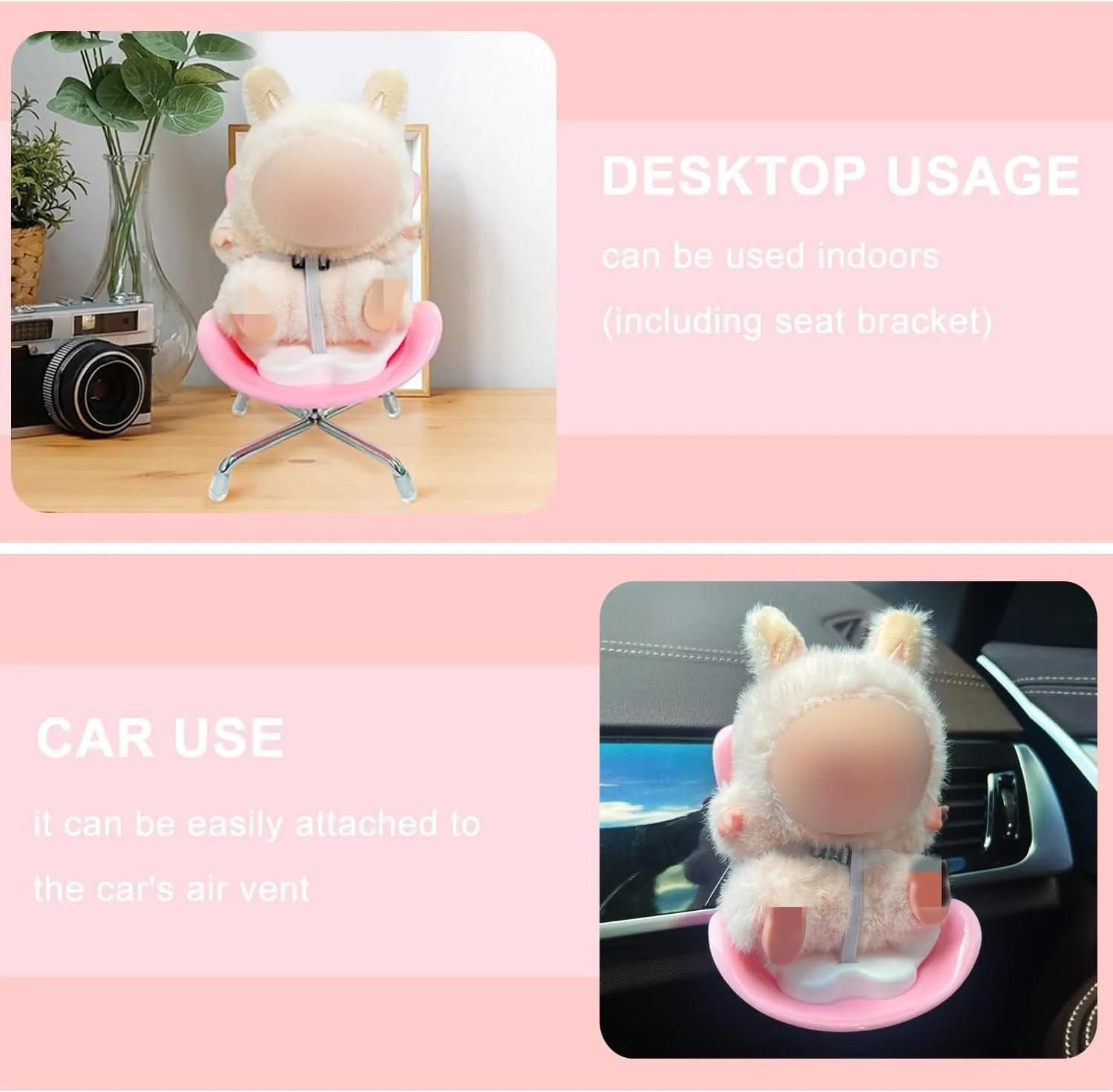 Doll Car Seat for 10-17cm Dolls with Air Vent Clip and Desktop Stand,Cute Doll Chair Doll Accessories for Desktop Display,No Doll Included (Pink)