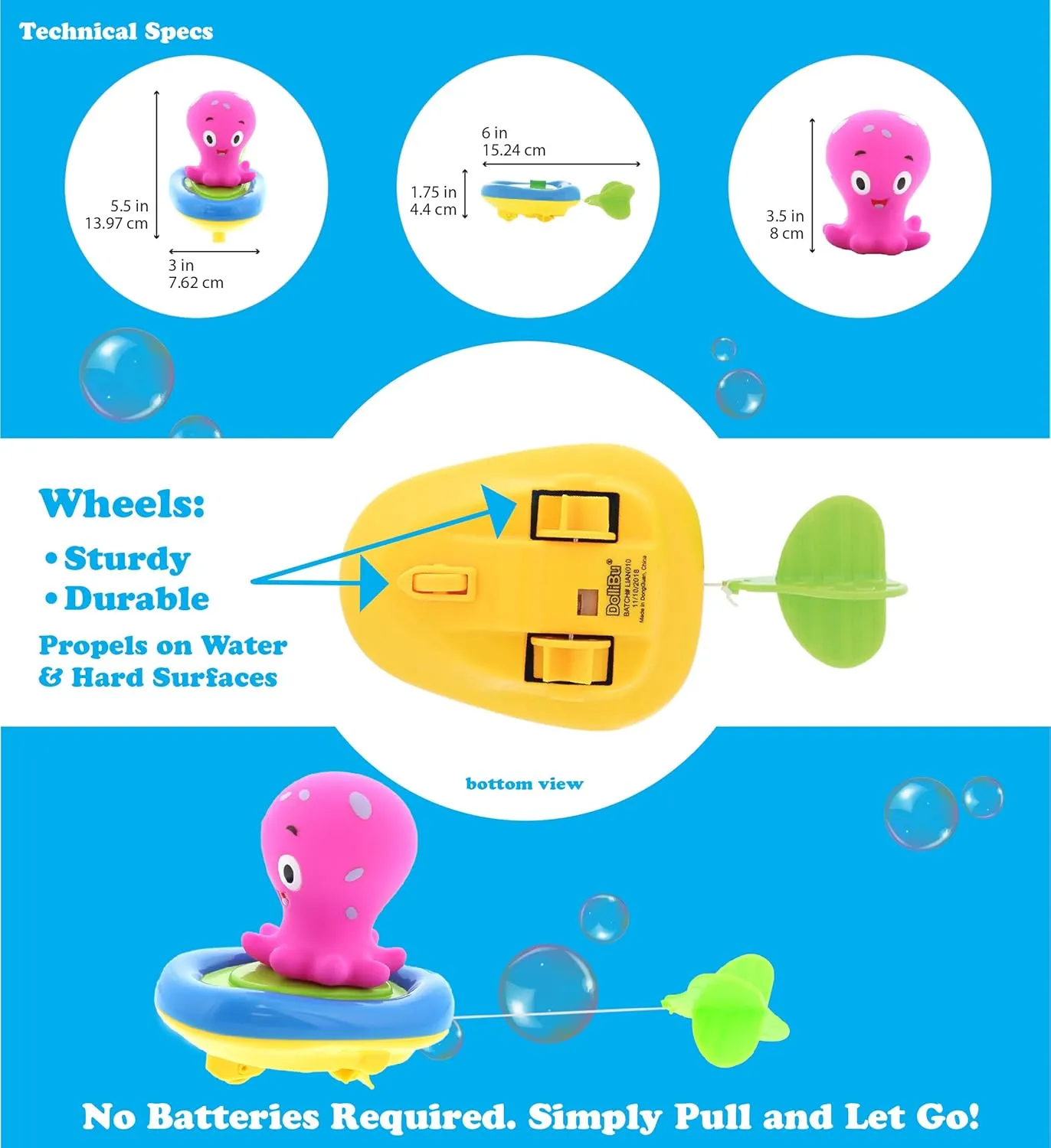 DolliBu Sea Life Boat Racers Bundle Set of 4 - 3-in-1 Bath Toy Pull & Go Floating Water & Floor Racing Finger Puppet for Pool, Bathtub & Outdoor - Shark, Octopus, Sea Turtle, Orange Reef Fish - 4 Pack