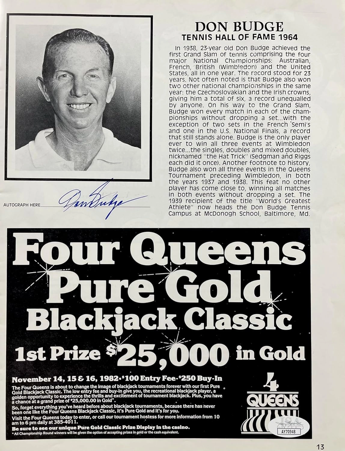 DON BUDGE Signed Autograph 8" x 11" Magazine PICTURE TENNIS JSA CERTIFIED AUTHENTIC AY70948