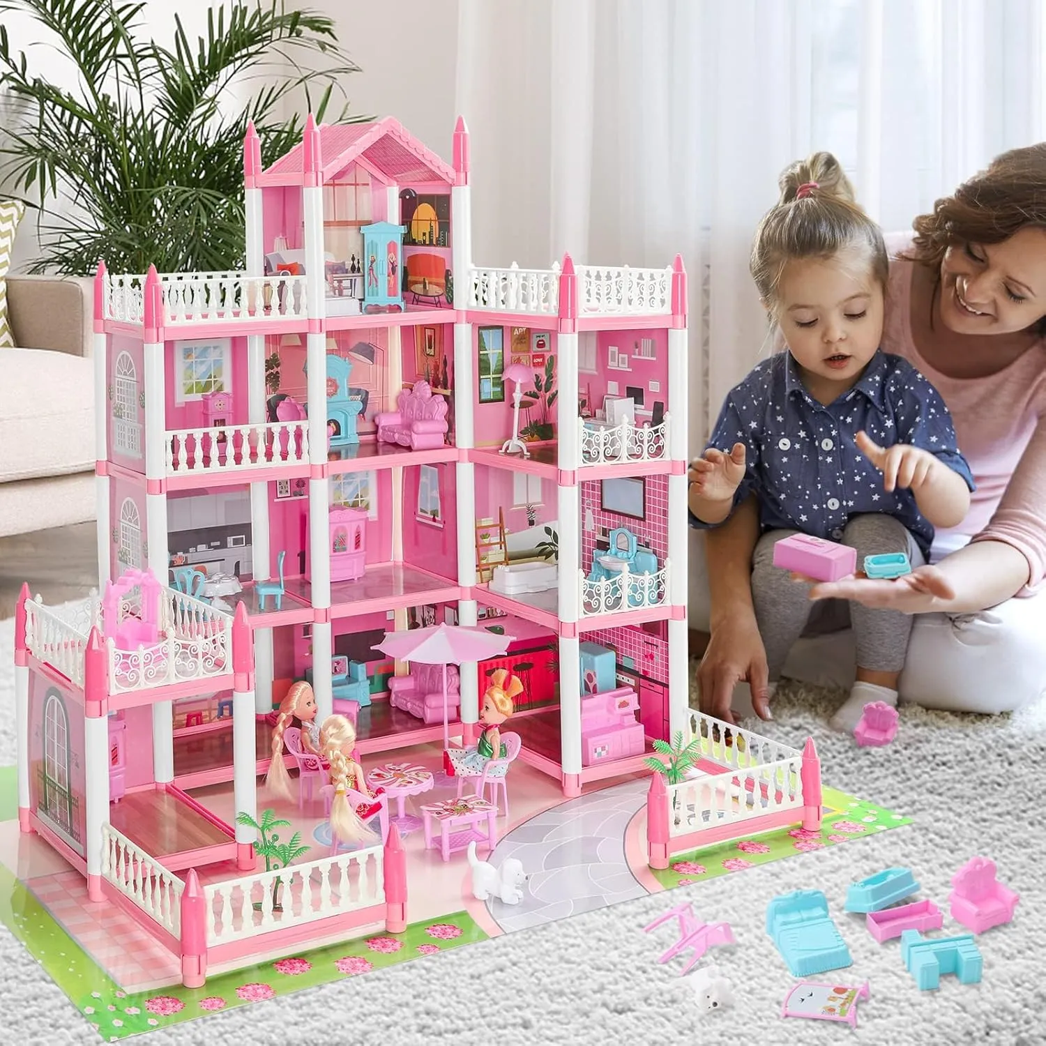 Dream Doll House, Doll House for Girls, 4 Story 11 Rooms Dollhouse with 4 Dolls, Dollhouse Furniture Accessories with Light, Toddler Playhouse Gift for 3 4 5 6 7 8 9 10 Year Old Girls Toys, Pink