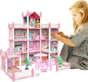 Dream Doll House, Doll House for Girls, 4 Story 11 Rooms Dollhouse with 4 Dolls, Dollhouse Furniture Accessories with Light, Toddler Playhouse Gift for 3 4 5 6 7 8 9 10 Year Old Girls Toys, Pink