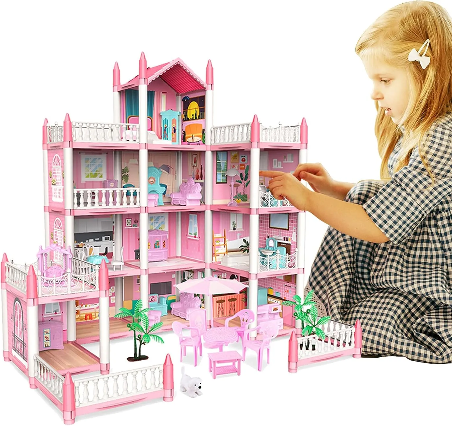 Dream Doll House, Doll House for Girls, 4 Story 11 Rooms Dollhouse with 4 Dolls, Dollhouse Furniture Accessories with Light, Toddler Playhouse Gift for 3 4 5 6 7 8 9 10 Year Old Girls Toys, Pink