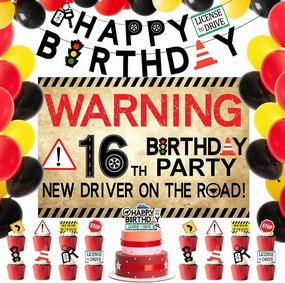 Driver License Party Decorations Happy 16th Birthday Banner 18Pcs New Driver Car Birthday Balloons 24Pcs Learner Drivers Car Road Signs Theme Cake Toppers Decor for Boys 16 Years Old Party Favors