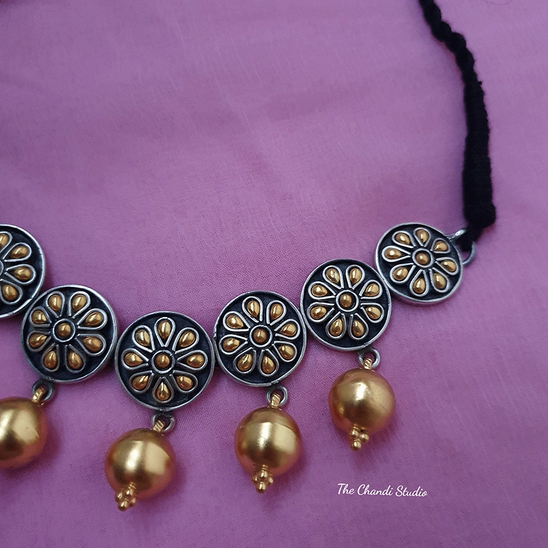 Dual Tone Round Flower Ball Drop Necklace Set