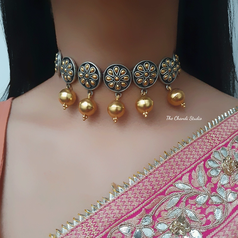 Dual Tone Round Flower Ball Drop Necklace Set