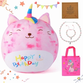 duellen 12'' Original Rainbow Birthday Unicorn Plush Pillow Soft Plush Toy Cute Pink Unicorn Stuffed Animal, Birthday Gifts for Kids Toddlers with Unicorn Necklaces, Bracelets and Gift Bag