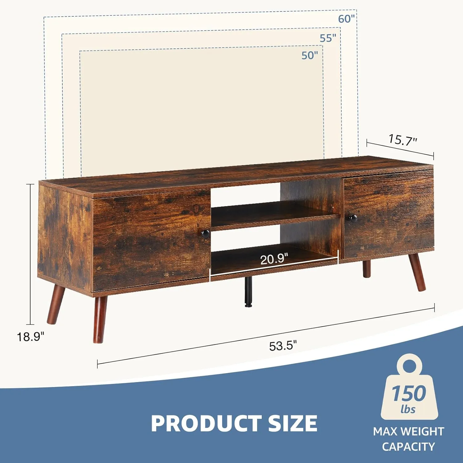 DUMOS TV Stand for 55 60 inch TV, Entertainment Center with Storage Cabinet, Mid Century Modern Media Console Table, Adjustable Hinge, Wooden Television Furniture for Living Room, Office - Brown