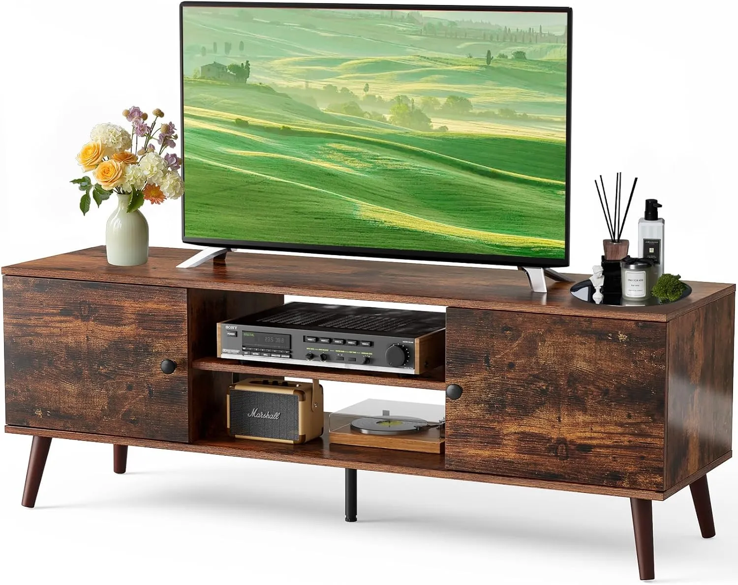 DUMOS TV Stand for 55 60 inch TV, Entertainment Center with Storage Cabinet, Mid Century Modern Media Console Table, Adjustable Hinge, Wooden Television Furniture for Living Room, Office - Brown