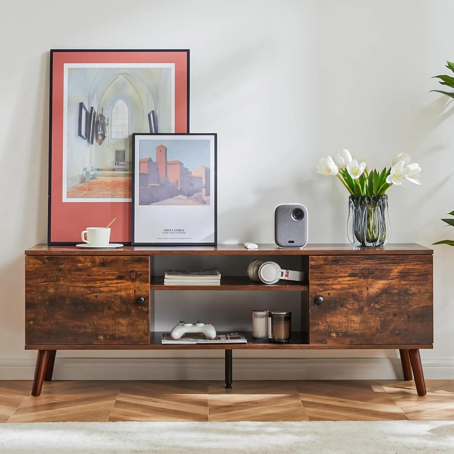 DUMOS TV Stand for 55 60 inch TV, Entertainment Center with Storage Cabinet, Mid Century Modern Media Console Table, Adjustable Hinge, Wooden Television Furniture for Living Room, Office - Brown