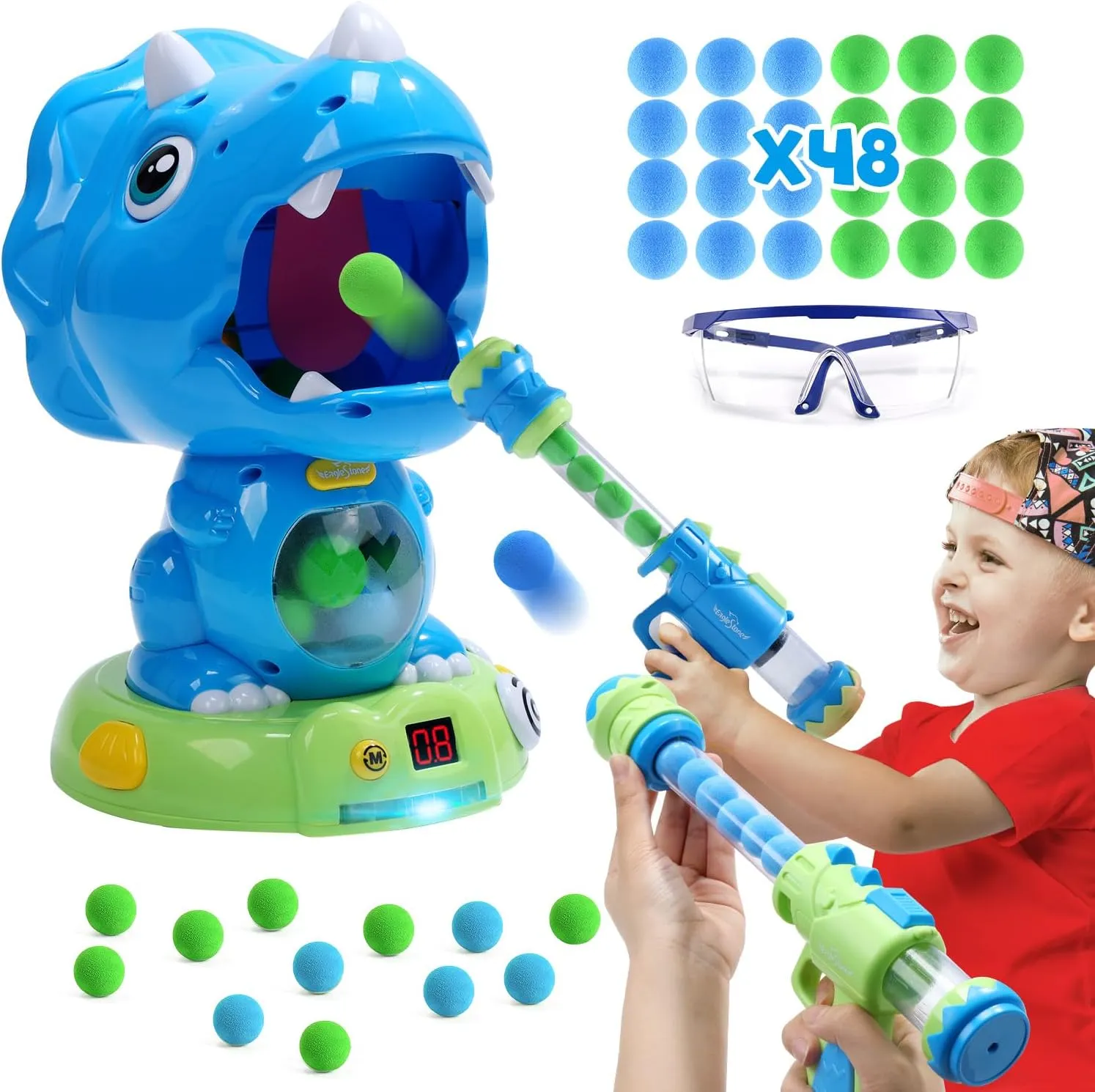 EagleStone Moveable Dinosaur Shooting Toys Triceratops Action,Kids Shooting Games with LCD Score Record&LED, Enhancing Hand-Eye Coordination Toys for Boys and Girls