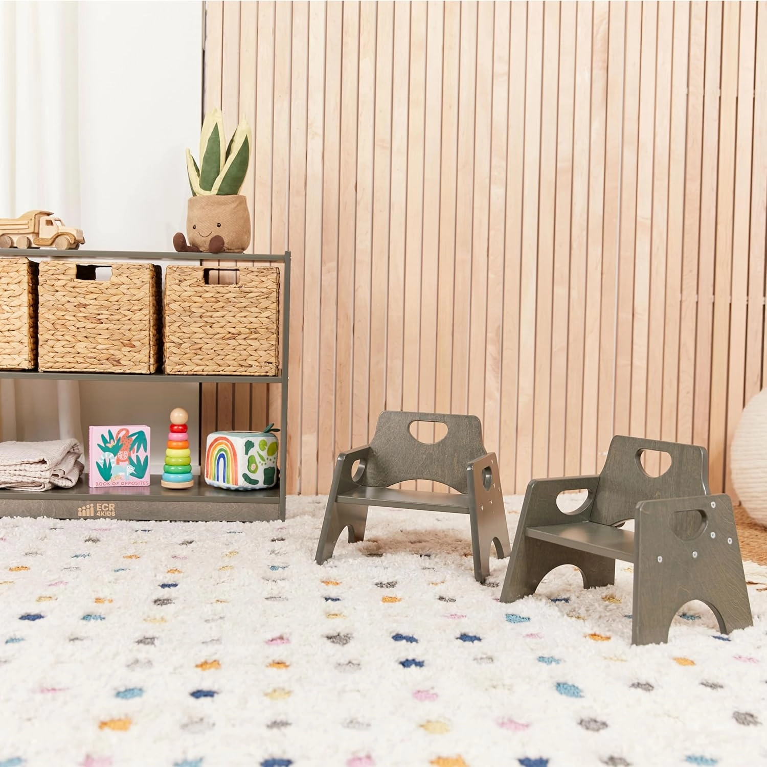 ECR4Kids Stackable Wooden Toddler Chair, 6in, Kids Furniture, Grey Wash, 2-Pack