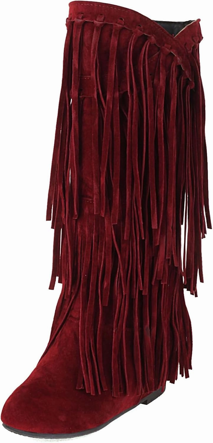 Elbslutt Faux Suede Fringe Knee High Boots for Women Flat Round Toe Boots Pull On Tassel Boots