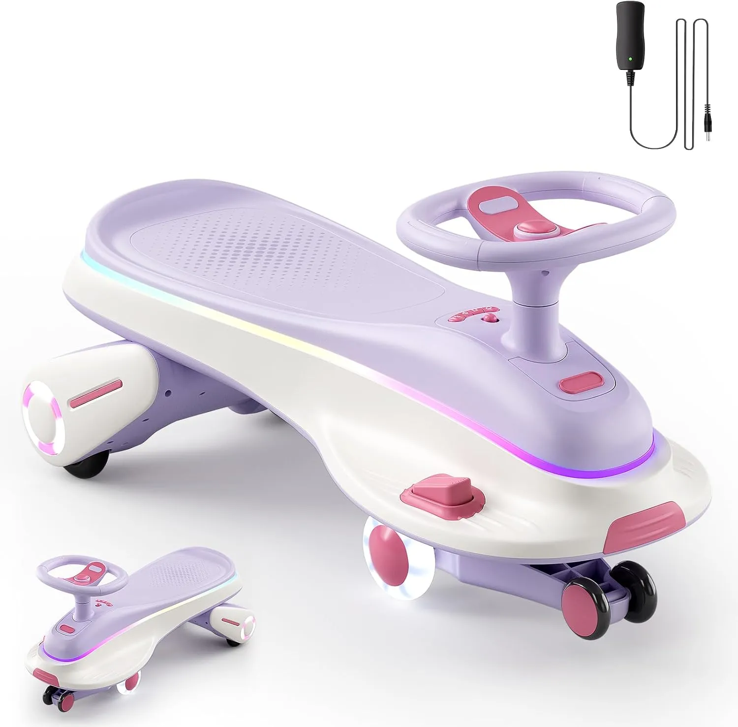 Electric Wiggle Car with Pedal, FasonBaby Wiggle Car for Kids, 2 in 1 Swing Car with LED Flashing Wheels, Rechargeable Battery, Anti-Rollover CyberWiggle for Ages 3 and Up (Light Purple)