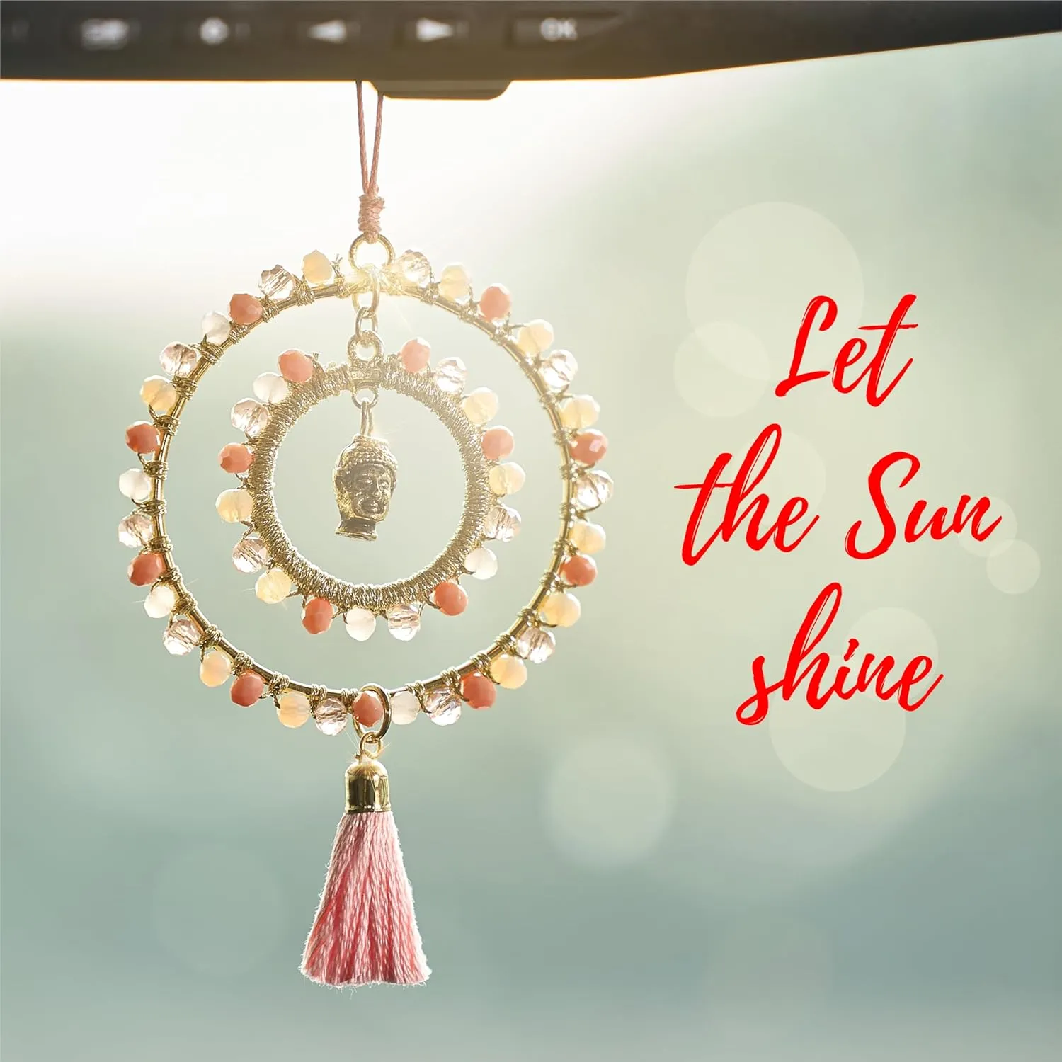 Elegant Cross for Car Mirror - Cute Suncatcher Rearview Decoration, Christian Beaded Keychain for Women, Bag, Purse, Handbag Charm Accessories, Sun Catcher Charms with Glass Beads - Pastel Pink Buddha