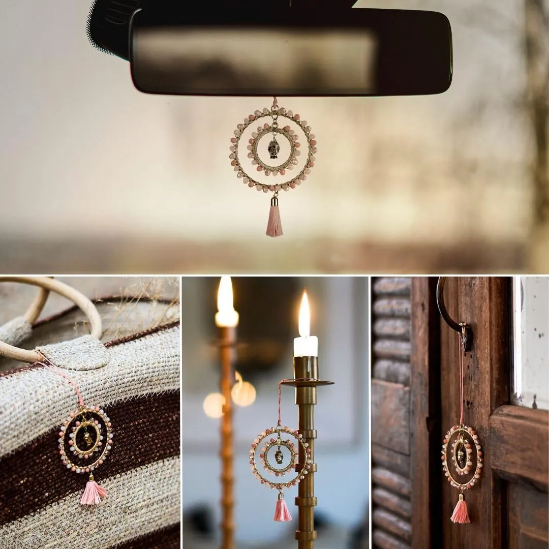 Elegant Cross for Car Mirror - Cute Suncatcher Rearview Decoration, Christian Beaded Keychain for Women, Bag, Purse, Handbag Charm Accessories, Sun Catcher Charms with Glass Beads - Pastel Pink Buddha