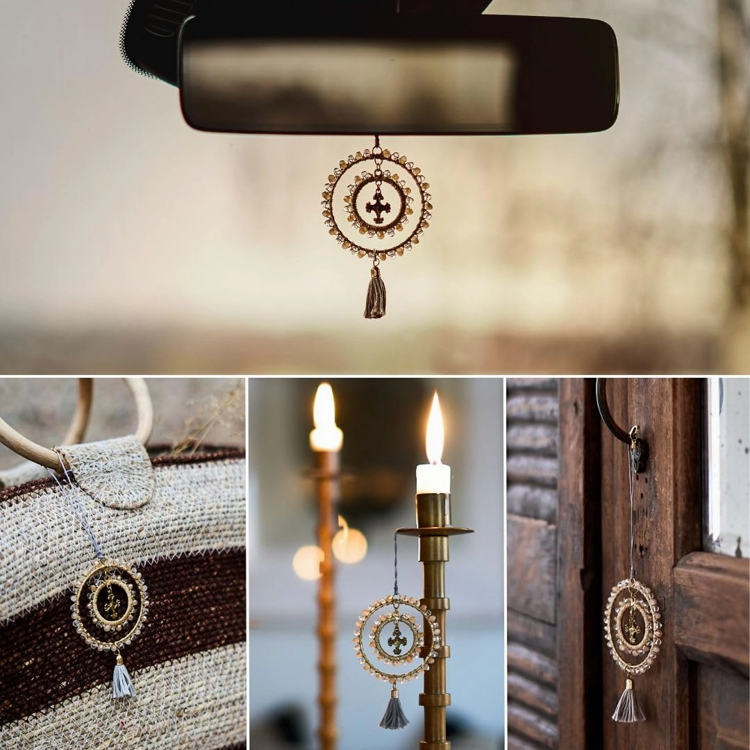 Elegant Cross for Car Mirror - Cute Suncatcher Rearview Decoration, Christian Beaded Keychain for Women, Bag, Purse, Handbag Charm Accessories, Sun Catcher Charms with Glass Beads - Pebblestone Cross