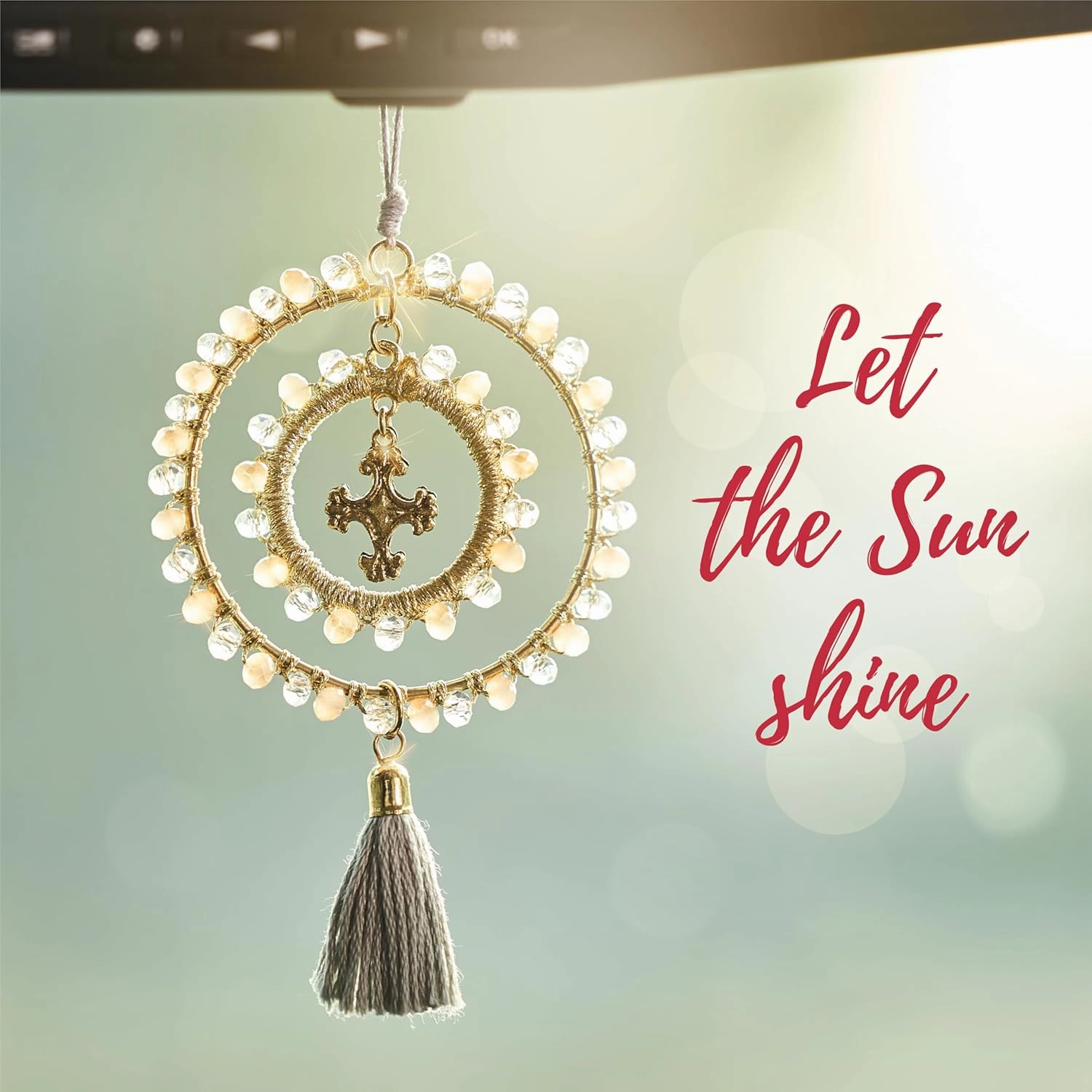 Elegant Cross for Car Mirror - Cute Suncatcher Rearview Decoration, Christian Beaded Keychain for Women, Bag, Purse, Handbag Charm Accessories, Sun Catcher Charms with Glass Beads - Pebblestone Cross