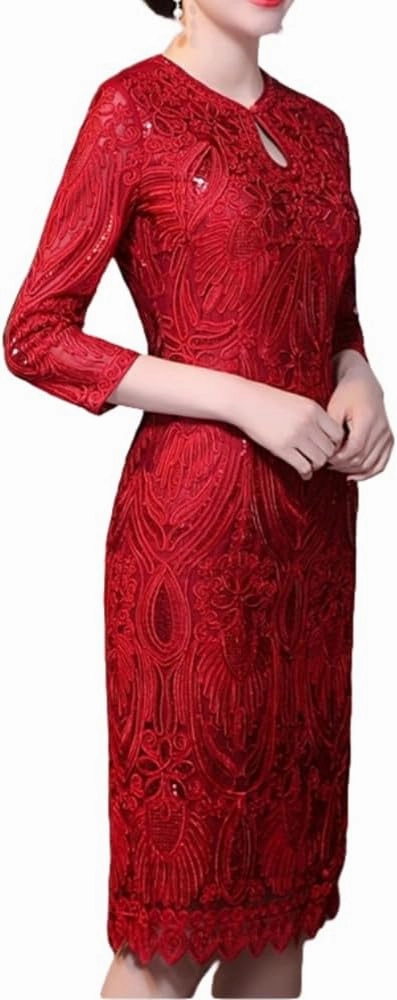 Elegant Womens Round Neck Half Sleeve Strappy Embroidered lace Dress 8926