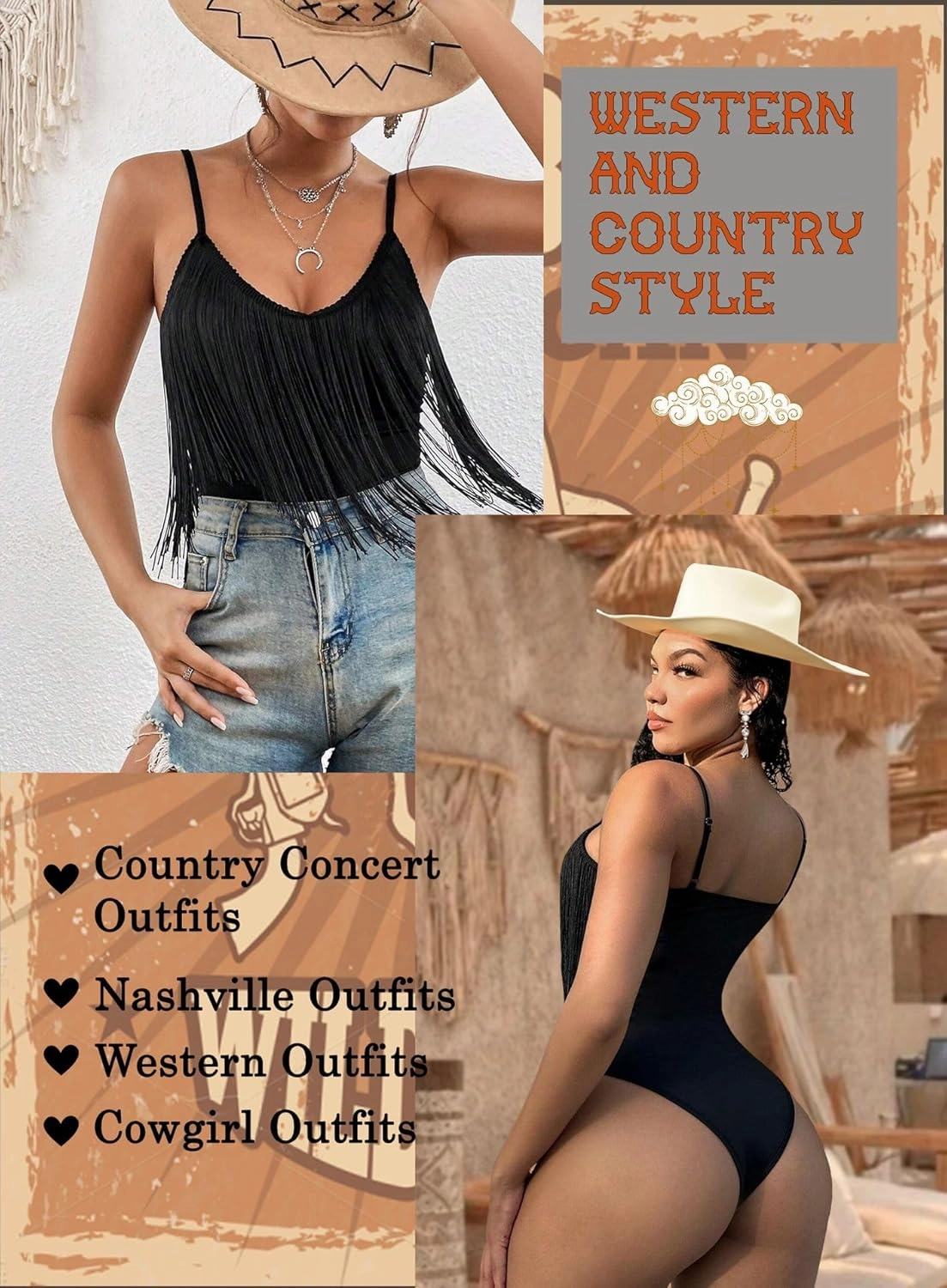Ella Lust Cowgirl Fringe Bodysuit for Women - Western Country Concert Outfits Boho Tassel Jumpsuit Rave Festival Tops Romper
