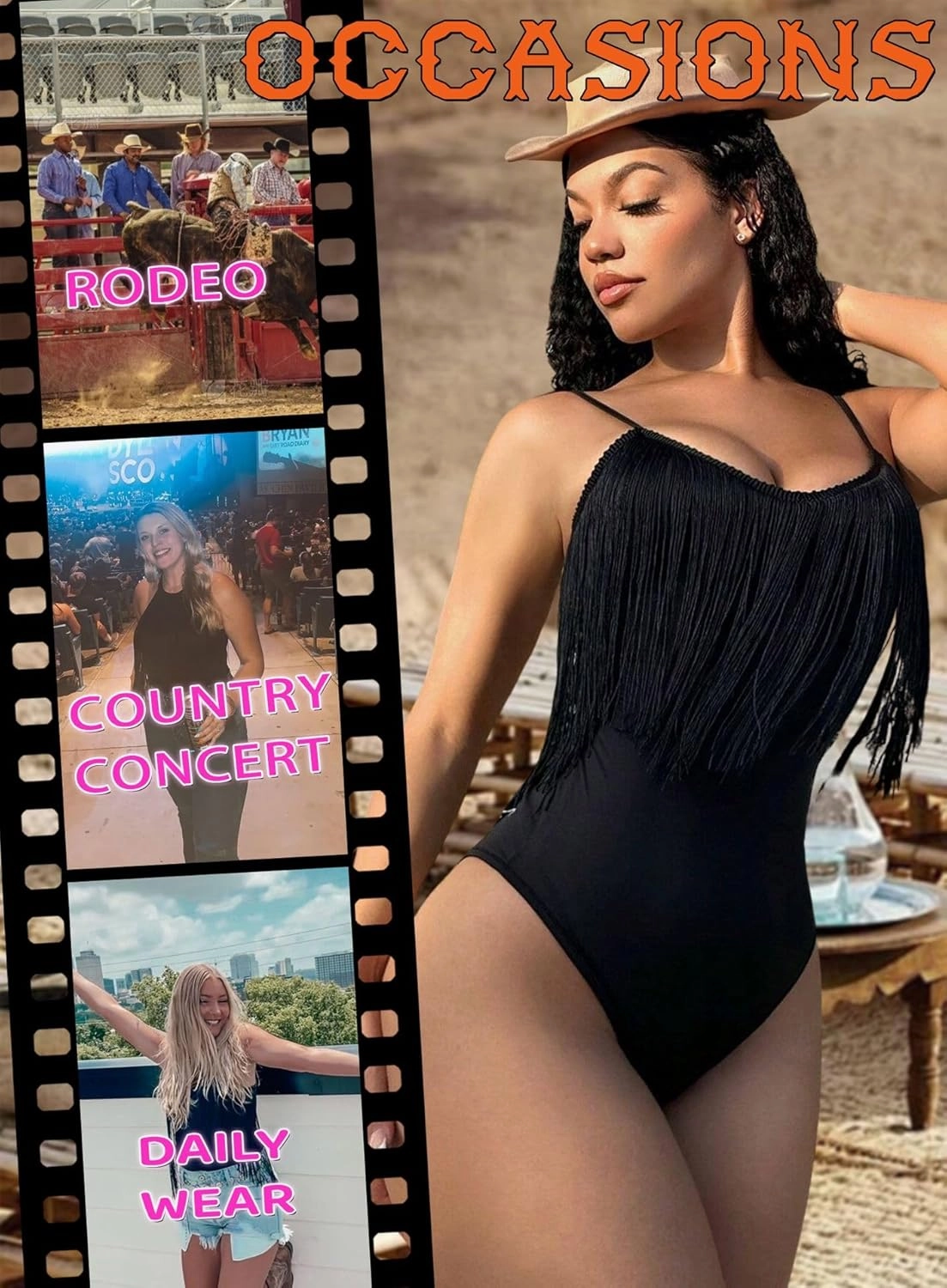 Ella Lust Cowgirl Fringe Bodysuit for Women - Western Country Concert Outfits Boho Tassel Jumpsuit Rave Festival Tops Romper