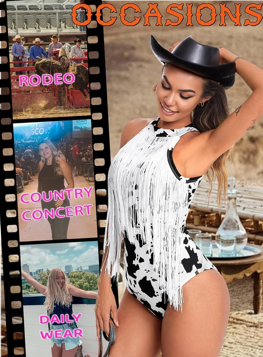 Ella Lust Women Western Fringe Bodysuit - Cowgirl Country Concert Outfit Boho Tassel Hem High Cut Skinny Festival Tank Top