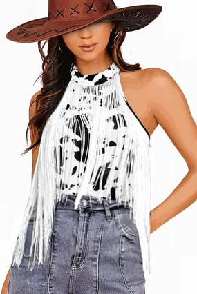 Ella Lust Women Western Fringe Bodysuit - Cowgirl Country Concert Outfit Boho Tassel Hem High Cut Skinny Festival Tank Top