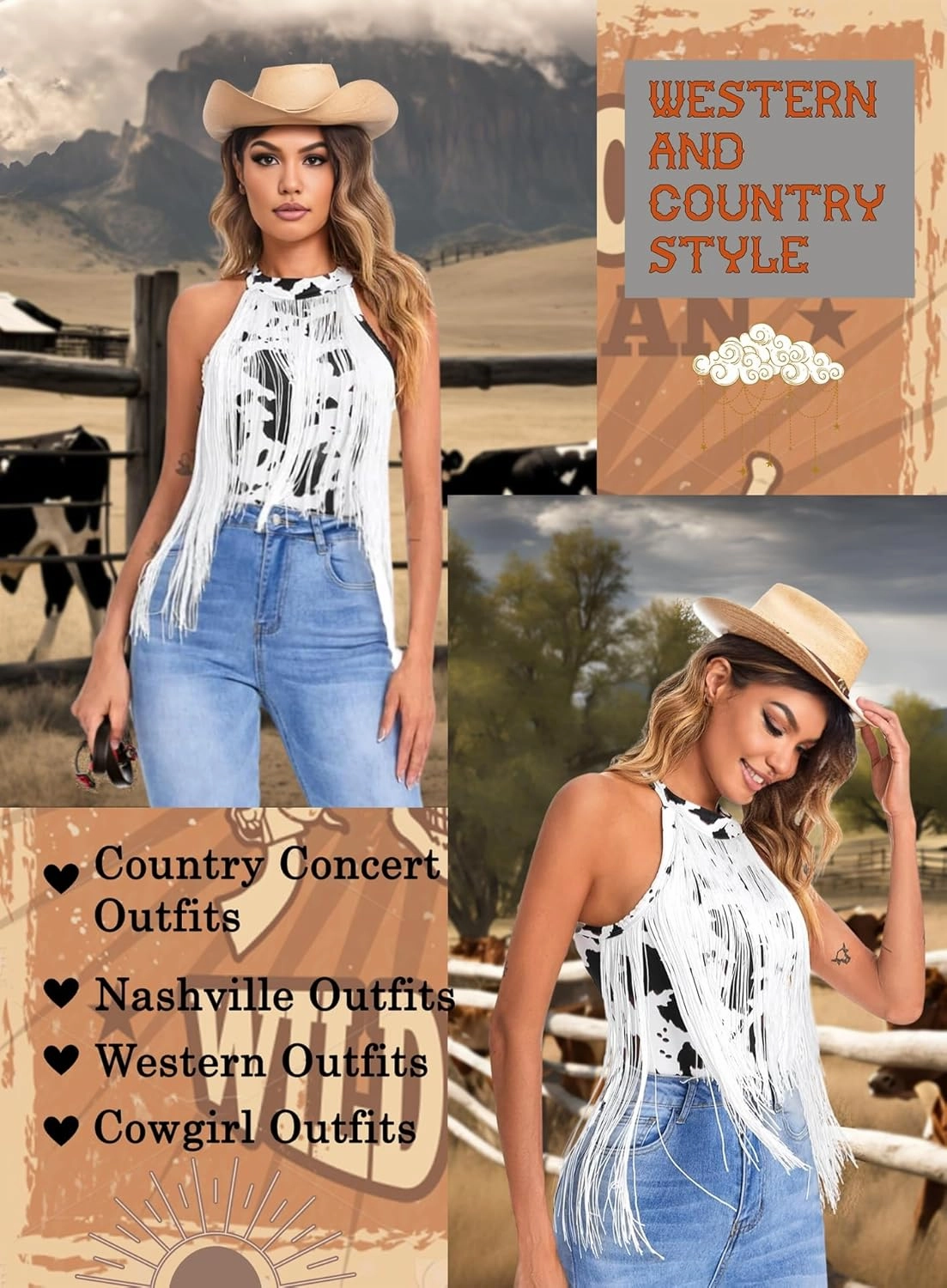 Ella Lust Women Western Fringe Bodysuit - Cowgirl Country Concert Outfit Boho Tassel Hem High Cut Skinny Festival Tank Top