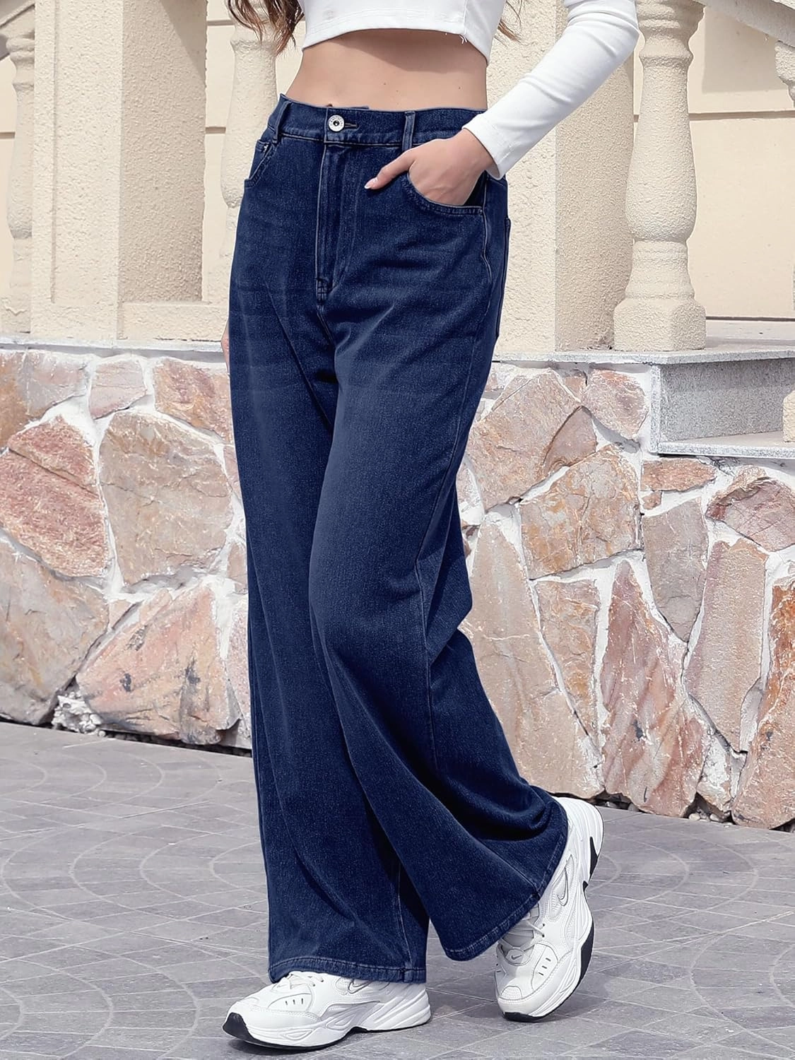 ELLEVEN High Stretchy Knit Straight Leg Sweatpant Jeans Women, Elastic Waist Wide Leg Baggy Jeans High Waisted Pull on Jeans